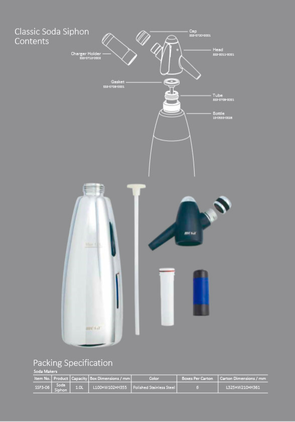 Четвертое дополнительное изображение для товара Сифон для газирования воды MOSA Soda Siphon Classic 1л стальной (профессиональный)