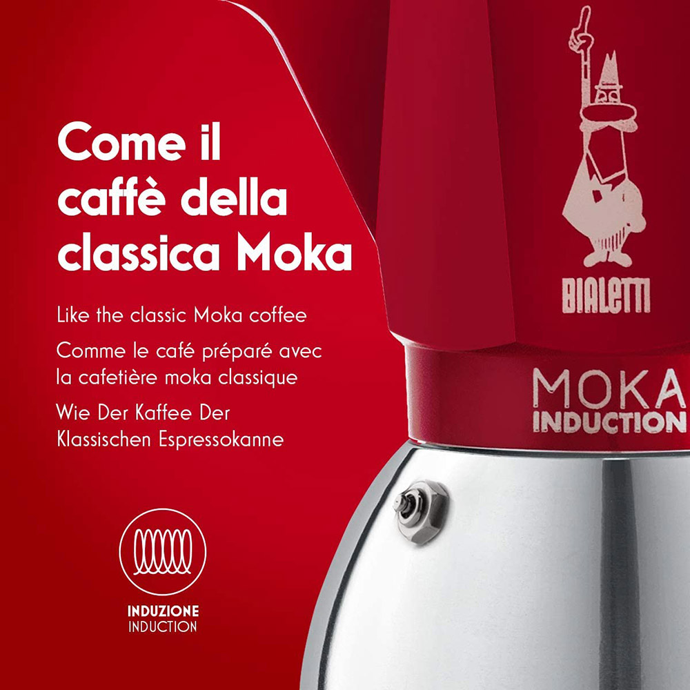 Четвертое дополнительное изображение для товара Гейзерная кофеварка Bialetti Moka Induction NEW 6946 для индукционных плит (6 порций, 280 мл), красная