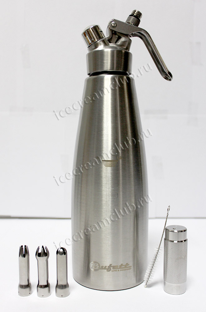 Восьмое дополнительное изображение для товара Сифон для сливок Bufett Professionelle Produkte 1L серебро, 640006 (нержавеющая сталь, 3 насадки)