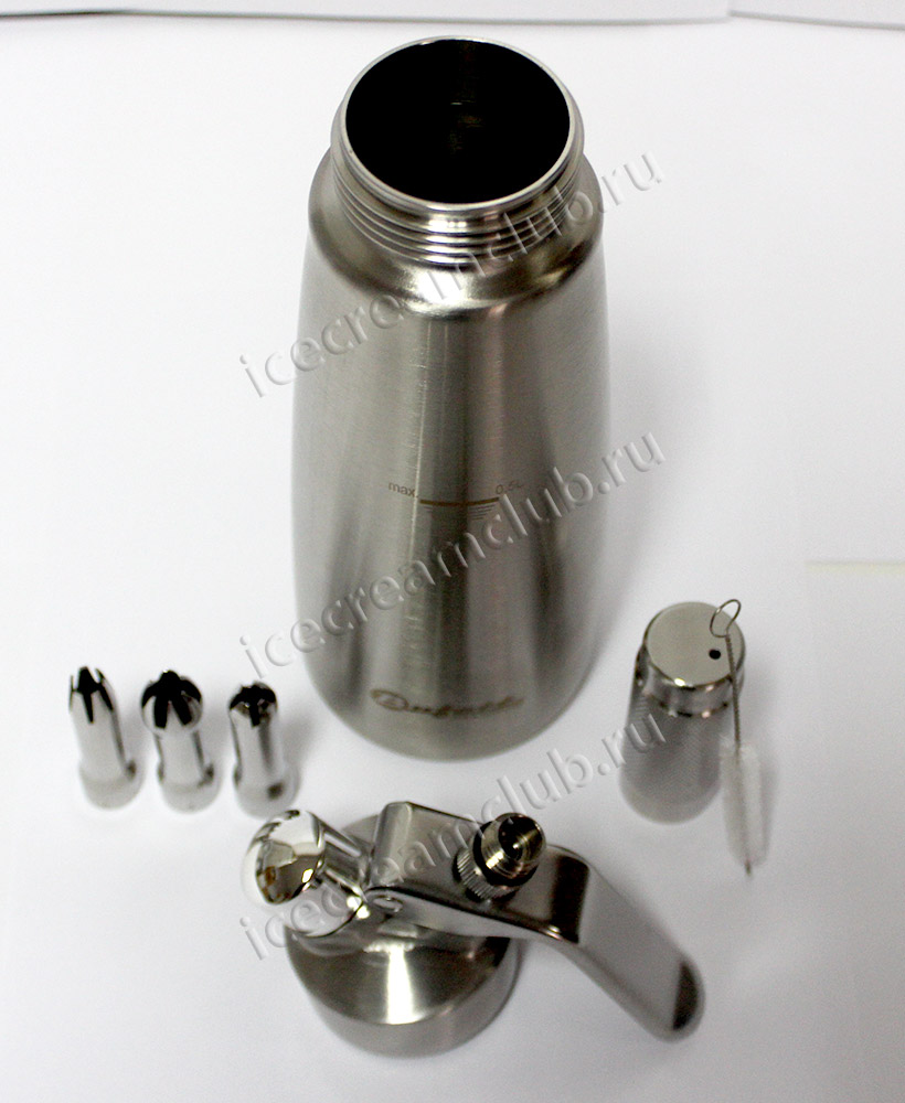 Седьмое дополнительное изображение для товара Сифон для сливок Bufett Professionelle Produkte 0.5L серебро, 640005 (нержавеющая сталь, 3 насадки)