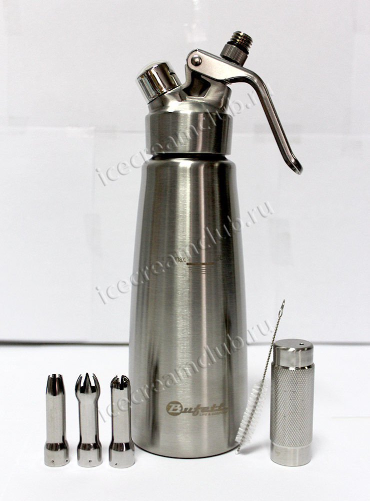 Пятое дополнительное изображение для товара Сифон для сливок Bufett Professionelle Produkte 0.5L серебро, 640005 (нержавеющая сталь, 3 насадки)