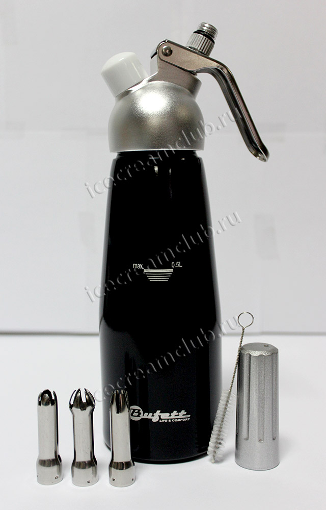 Пятое дополнительное изображение для товара Сифон для сливок Buffet Kulinarische Produkte 0.5L черный, 640018 (3 насадки)