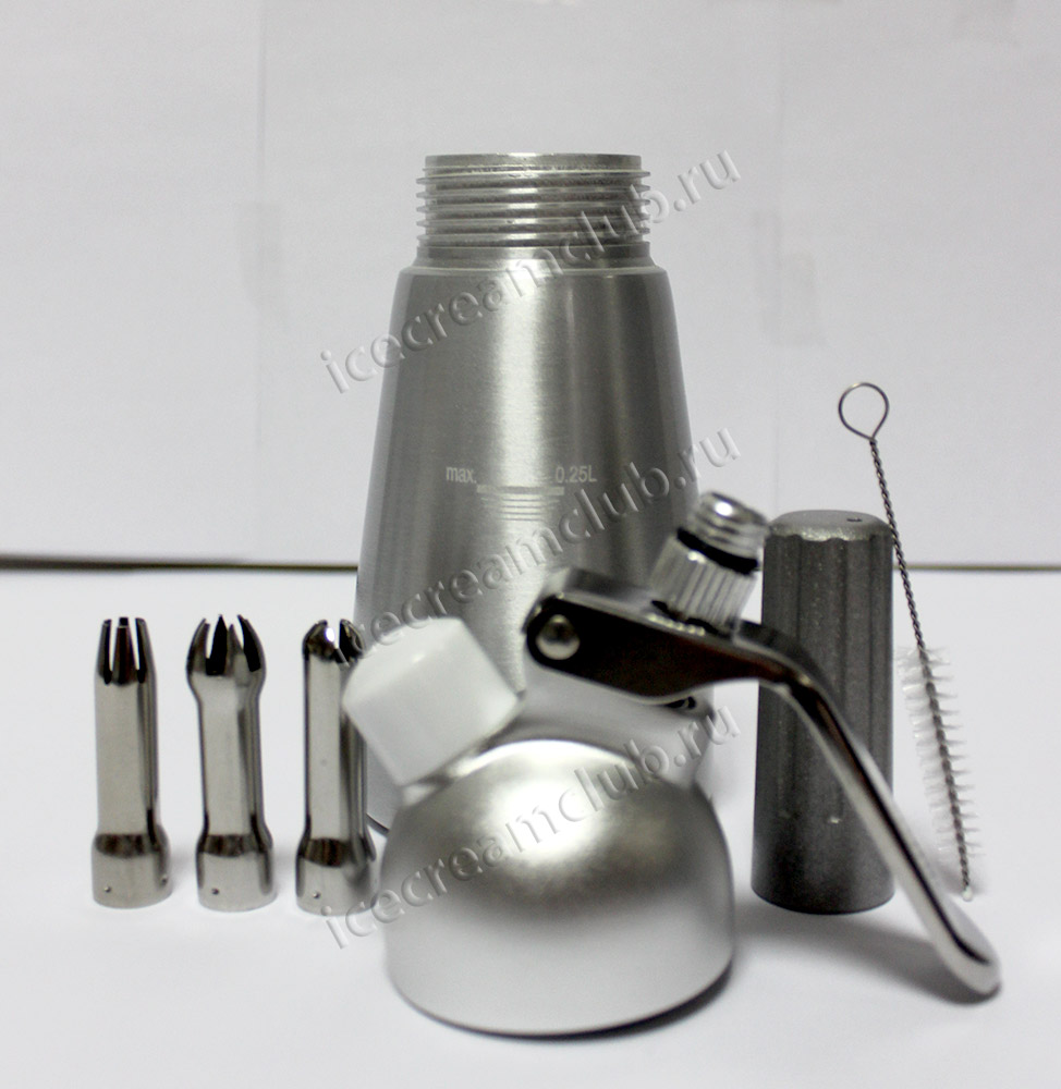 Шестое дополнительное изображение для товара Сифон для сливок Bufett Kulinarische Produkte 0.25L серебро, 640012 (3 насадки)