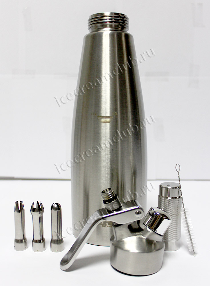 Девятое дополнительное изображение для товара Сифон для сливок Bufett Professionelle Produkte 1L серебро, 640006 (нержавеющая сталь, 3 насадки)
