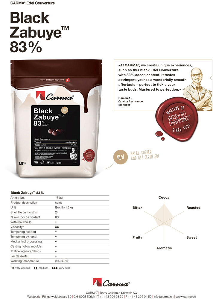 Второе дополнительное изображение для товара Шоколад горький 83% BLACK ZABUYE Carma (Швейцария), 1,5 кг