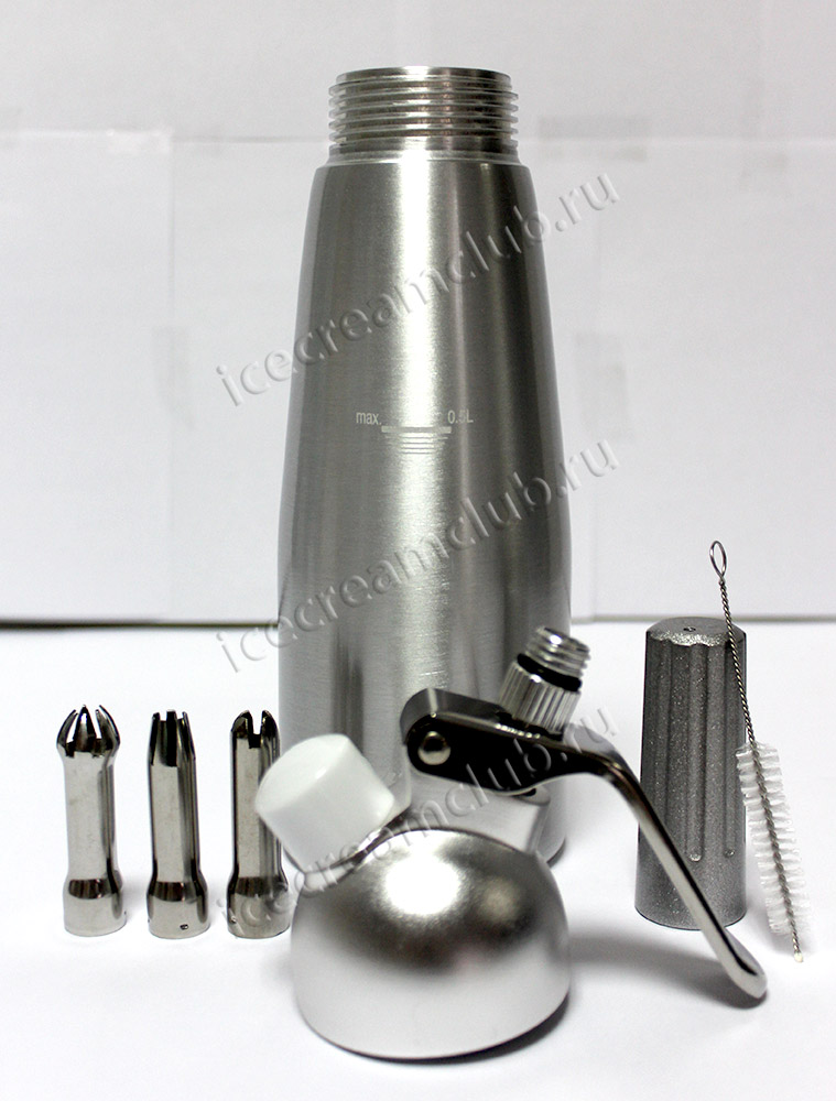 Шестое дополнительное изображение для товара Сифон для сливок Bufett Kulinarische Produkte 0.5L серебро, 640019 (3 насадки)